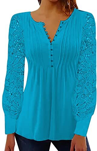 Modaworld Bluse Maglietta Top Donna a Maniche Lunghe Ricamato Pizzo Girocollo Elegante T-Shirt Camicia Casual Sexy Chic Moda Vintage con Ricamo Donna Tops Irregolare