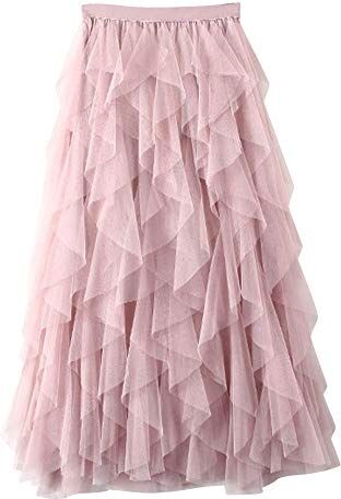 DianShaoA Donna Gonna Lunga di Tulle Elastico in Vita Stile Elegante Casual Irregolare Tulle Gonna Pieghe Pink