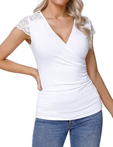 Gyabnw Magliette Donna Manica Corta Elegante Pizzo T Shirt Maglietta con Scollo a V Incrociato Eleganti Sottogiacca Top Blusa, Bianco L