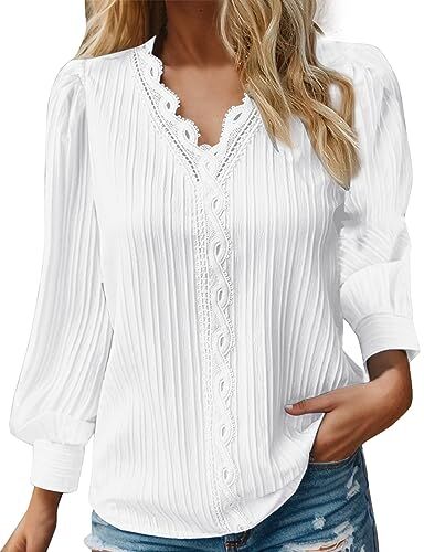 Modaworld Bluse Maglietta Top Donna a Maniche Lunghe Ricamato Pizzo Girocollo Elegante T-Shirt Camicia Casual Sexy Chic Moda Vintage con Ricamo Donna Tops Irregolare