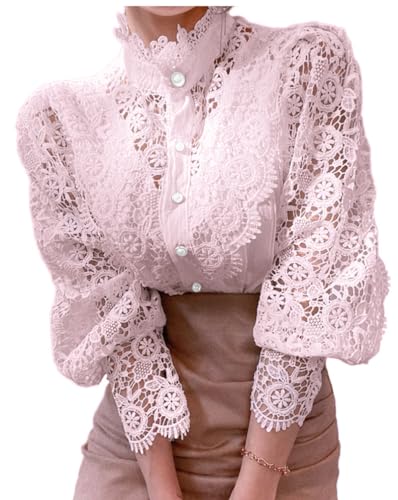 Minetom Donna Camicia Manica Lunga Blusa Elegante Maglietta Camicie in Pizzo Tinta Unita Oversize Scollo a V Shirt Top D Rosa L