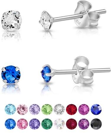 DTPsilver® Set da 2 Paia Orecchini Punto Luce Argento 925 con Cristalli Swarovski® Elements - Orecchini Lobo Donna - Orecchini Piccoli con Brillantini 2 mm - Colori: Diamante e Blu Zaffiro