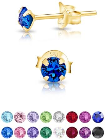 DTPsilver® Orecchini Punto Luce Blu in Argento 925 Placcati Oro Giallo con Cristalli Swarovski® 4 mm - Orecchini Donna Zaffiro Blu - Orecchini Piccoli Blu - Punto Luce Orecchini Blu Zaffiro