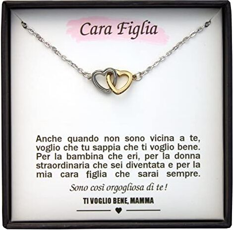 TILOVE Collana personalizzata per Donna con Ciondolo a Forma di Cuori Intrecciati Contenente un Messaggio d'Amore per Tua Figlia firmato Mamma   Idea regalo per Compleanno, Natale, Festa della Mamma