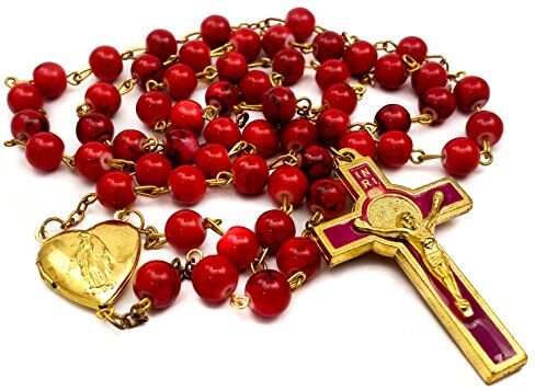 Nazareth Store Collana con rosario di perle di corallo rosso Cattolico San Benedetto Coroncina medaglione medaglione e croce Amuleto religioso per donna e uomo - Borsa in velluto