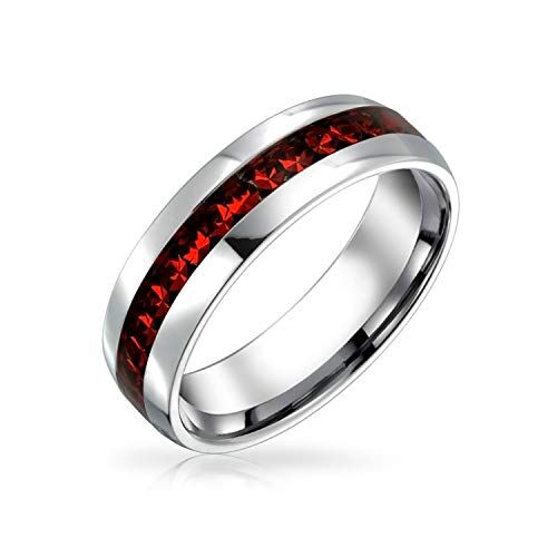 Bling Jewelry July Birth Month Red Color Channel Set Crystal Eternity Band Ring for Women for Men Silver Tone Stainless Steel