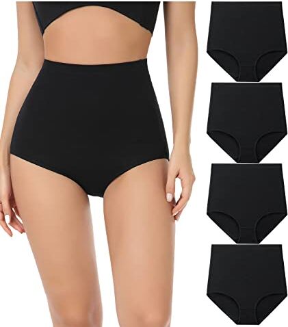 wirarpa Mutande Donna Cotone Vita Super Alta Slip Donna Mutantina Elastiche Culotte Piena Copertura Pacco da 4 Nero Taglia L