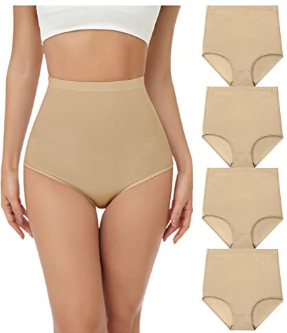 wirarpa Mutande Donna Cotone Vita Super Alta Slip Donna Mutantina Elastiche Culotte Piena Copertura Pacco da 4 Beige Taglia M