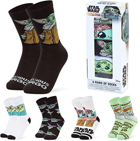 Disney Calzini Donna Stitch 5 Paia di Calze Divertenti a Fantasia Ih Oh Baby Yoda Principesse Crudelia Taglia Unica Gadget Regalo Ufficiale (Verde Baby Yoda)