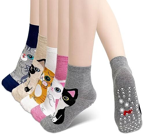 ZFSOCK Calzini Antiscivolo Donna Fantasia: Calze Non Scivolare con Grip Divertenti Colorate Gatto Animali Motivo per Fitness Sport Ospedale 5 Paia Taglia EU 35-42 Micio