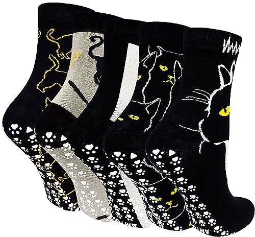 ZFSOCK Calzini Antiscivolo Donna Fantasia: Calze Non Scivolare con Grip Divertenti Colorate Gatto Animali Motivo per Fitness Sport Ospedale 5 Paia Taglia EU 35-42 Gatto nero