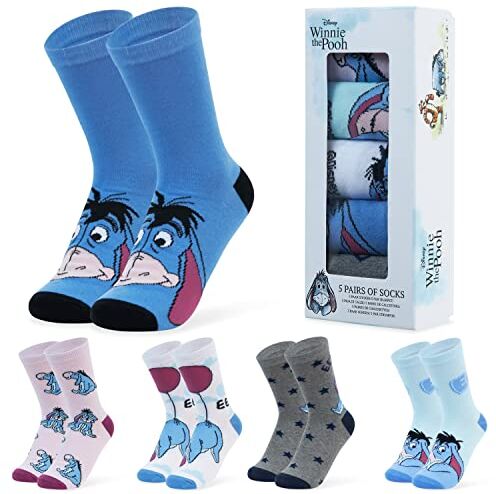 Disney Calzini Donna Stitch 5 Paia di Calze Divertenti a Fantasia Ih Oh Baby Yoda Principesse Crudelia Taglia Unica Gadget Regalo Ufficiale (Blu Eeyore)