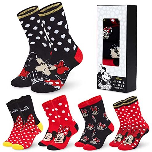 Disney Calzini Donna Stitch 5 Paia di Calze Divertenti a Fantasia Ih Oh Baby Yoda Principesse Crudelia Taglia Unica Gadget Regalo Ufficiale (Rosso/Nero)