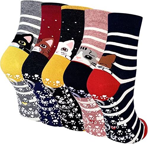 ZFSOCK Calzini Antiscivolo Donna Fantasia: Calze Non Scivolare con Grip Divertenti Colorate Gatto Animali Motivo per Fitness Sport Ospedale 5 Paia Taglia EU 35-42