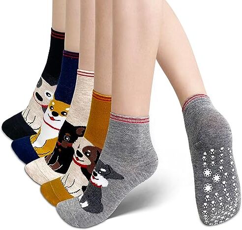 ZFSOCK Calzini Antiscivolo Donna Fantasia: Calze Non Scivolare con Grip Divertenti Colorate Gatto Animali Motivo per Fitness Sport Ospedale 5 Paia Taglia EU 35-42 Cagnolino