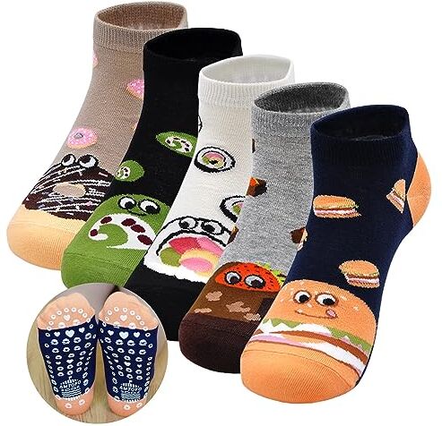 ZFSOCK Calzini Antiscivolo Donna Fantasia: Calze Non Scivolare con Grip Divertenti Colorate Gatto Animali Motivo per Fitness Sport Ospedale 5 Paia Taglia EU 35-42 Fast food