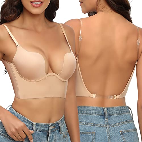 Xnova Reggiseno Donna con Ferretto, Reggiseni a Forma di U, Comfort Intimo Leggero Imbottito Profondo U Bra, Elegante Invisibile Reggiseni Senza Schienale (Carnagione, 38/85, C)