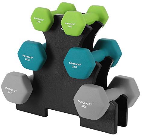 SONGMICS Set di Manubri con Supporto, 2 x 1 kg, 2 x 2 kg, 2 x 3 kg, Verde Chiaro, Verde Acqua e Grigio, Finitura Opaca in Neoprene, Peso per Fitness Esercizio di Forma Fisica, Palestra Casa SYL612GN