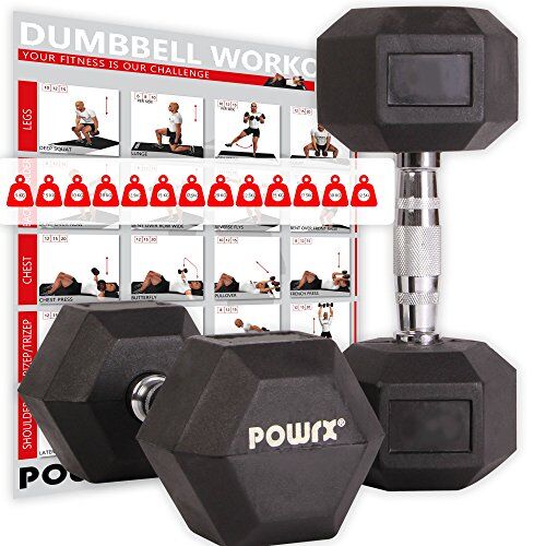 POWRX - Manubri Pesi esagonali gommati 25 kg Set (2 x 12,5 kg) + PDF Workout (Nero)