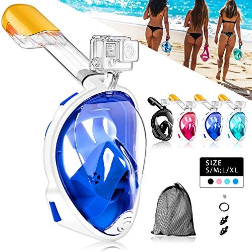 HINATAA Maschera da snorkeling integrale a 180°, design per respirazione libera, anti-appannamento e anti-perdite, con cinghie regolabili per la testa, per adulti, ragazzi e bambini (L/XL, Blu)