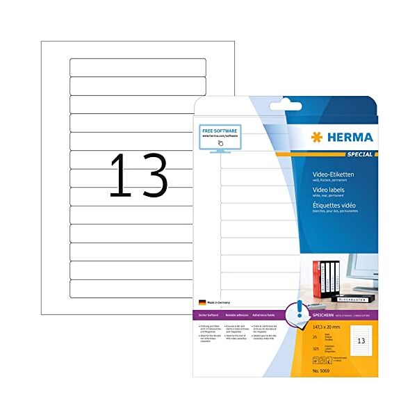 herma etichette per supporti dati video, 147,3 x 20 mm, etichette adesive a4 per stampante, 13 etichette per foglio, bianco
