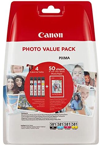 Canon CLI-581 BK/C/M/Y Serbatoi Inchiostro + Carta Fotografica Photo Paper 50 fogli, Multipack Blister Security