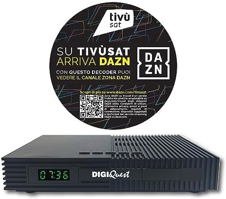 DIGIQUEST Decoder Tivùsat Ti9, DVB-S2 con telecomando 2 in 1, smartcard Tivùsat inclusa, funzione di registrazione attivabile - Dispositivo abilitato ai canali zona DAZN – Nero.