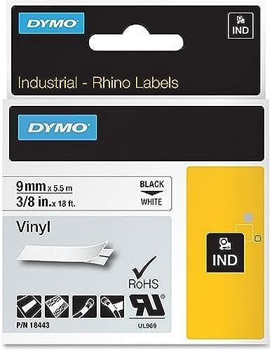 Dymo 9mm RHINO Coloured Vinyl - label-making tapes (D1, Black on white, Vinyl, Belgium, Box)