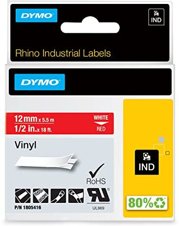 Dymo 1805416 Nastri Industriali D1 12 mm x 5.5 m, Vinile, Bianco su Rosso