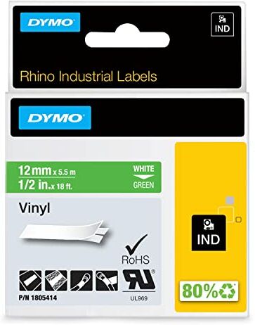 Dymo 1805414 Nastri Industriali D1 12 mm x 5.5 m, Vinile, Bianco su Verde