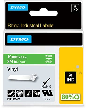 Dymo 1805420 Nastri Industriali D1 19 mm x 5.5 m, Vinile, Bianco su Verde