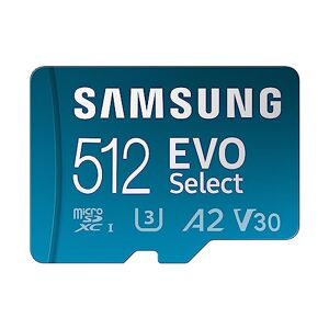 Samsung Scheda di memoria EVO Select da 512 GB microSDXC UHS-I U3 130 MB/s Full HD e 4K UHD inclusa Adattatore SD (MB-ME512KA/EU), blu