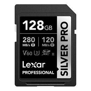 Lexar Silver Pro SD Scheda SD 128GB, Scheda di memoria UHS-II, V60, U3, C10, Scheda SDXC, Fino a 280 MB/s di lettura, per Fotografi Professionisti, Videografi, Appassionati (LSDSIPR128G-BNNAA)