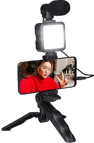 Grundig Grdunig - Treppiede per telefono con lampada - Tripod con microfono - LED con 3 impostazioni di colore - per telefoni da 53 a 84 mm - Modello da tavolo e bastone per selfie - Materiale in plastica -