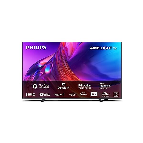 philips tv 4k led ambilight pus8518 50 pollici tvuhd 4k 60hz processore p5 perfect picture hdr10+ google tv dolby atmos altoparlanti 20w supporto tv prime netflix youtube assistente google alexa