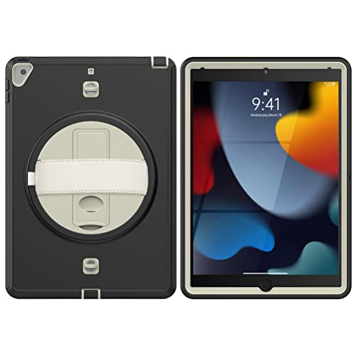 KEYWANTS Custodia per iPad 7/8/9 Gen(2019/2020/2021) 10,2" e Air 3 Gen(2019) 10,5", girevole a 360°, con mano e tracolla, colore: Bianco e nero