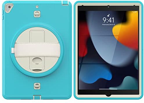 KEYWANTS Custodia per iPad 7/8/9 Gen(2019/2020/2021) 10,2" e Air 3 Gen(2019) 10,5", girevole a 360°, con mano e tracolla, colore: bianco e blu