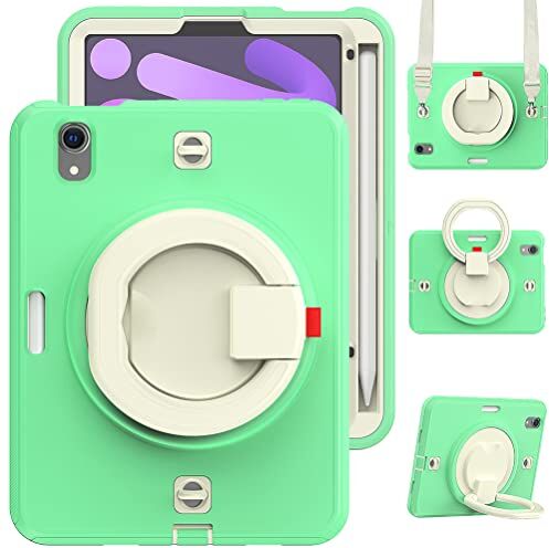 KEYWANTS Custodia per tablet iPad Mini 6 da 8,3 pollici, robusta, antiurto, con protezione schermo integrata, supporto girevole a 360° e slot per penna, colore: bianco sporco e verde