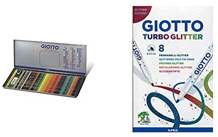 Giotto 237500 - Supermina Scatola di Metallo da 50 Pezzi, multicolore & Turbo Glitter astuccio da 8 pennarelli con inchiostro glitterato, Modelli/Colori Assortiti, 1 Pezzo