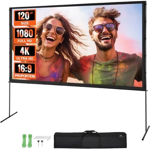 VEVOR Schermo di Proiezione Avvolgibile Manuale 120 Pollici 16:9 HD 4K Proiettore Antirughe Tela Ampio Supporto Schermo Immagine Dettagliata per Home Theater Festa, Telo per Proiettore con Supporto