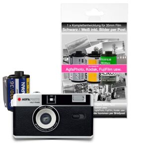 AgfaPhoto - Fotocamera analogica da 35 mm, formato 1/2, in set con pellicola negativa in bianco e nero, batteria + negativo + sviluppo di immagini per posta