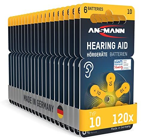 Ansmann AG  - Batterie per apparecchi acustici, 10 (giallo, 120 pezzi) tipo 10 P10 PR70 ZL4 – ZZinco aria 1,4 V – Batteria per apparecchi acustici, amplificatori, accolpi, 10 – giallo