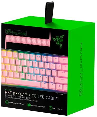 Razer Kit di upgrade dei tasti in PBT + cavo spiralato, 120 Numero di tasti, USB-C a USB-A, Cavo a spirale, Stabilizzatori, US- & UK-Layout, Quartz Rosa