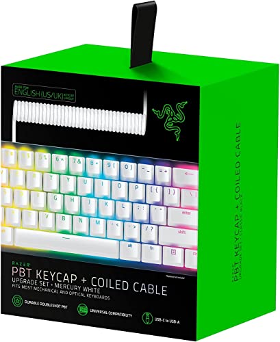 Razer Kit di upgrade dei tasti in PBT + cavo spiralato, 120 Numero di tasti, USB-C a USB-A, Cavo a spirale, Stabilizzatori, US- & UK-Layout, Bianco (Mercury Bianco)