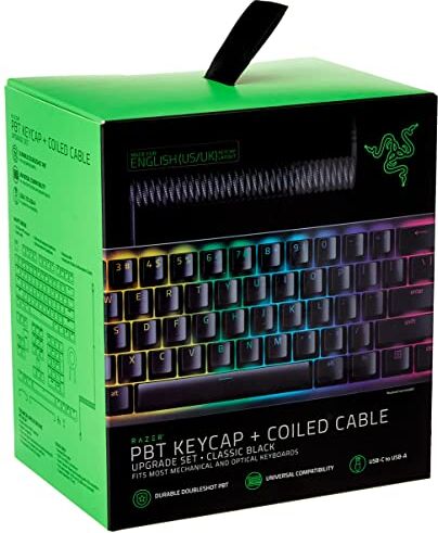 Razer Kit di upgrade dei tasti in PBT + cavo spiralato, 120 Numero di tasti, USB-C a USB-A, Cavo a spirale, Stabilizzatori, US- & UK-Layout, Nero