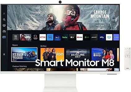 Samsung Smart Monitor M8 (S32CM801), Flat, 32", 3840x2160 (UHD 4K), Piattaforma Smart TV (Amazon Video, Netflix), Gaming Hub, Airplay, Mirroring, Office 365, Casse Integrate, WiFi, USB TypeC, Bianco