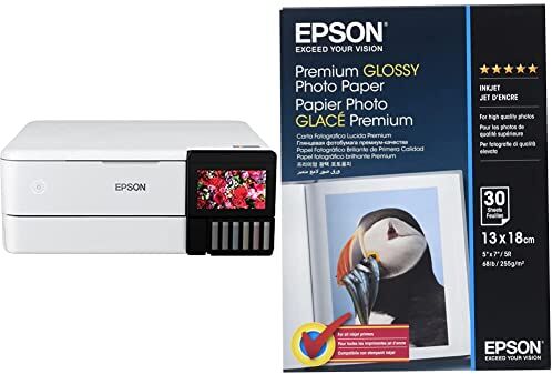 Epson EcoTank ET-8500 Stampante Multifunzione per Copia, Scansione, Stampa in Formato A4, 5 Colori, Ultraconveniente & Super Carta Fotografica Lucida, 30 fogli, 13 x 18 cm