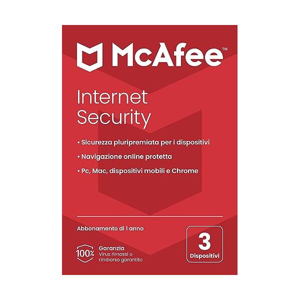 mcafee internet security 2022   3 dispositivi   software di protezione antivirus e sicurezza internet   windows/mac/android/ios   abbonamento di 1 anno   via posta