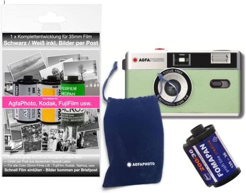 AgfaPhoto - Fotocamera analogica da 35 mm set con pellicola negativa in bianco e nero, batteria + negativo + sviluppo di immagini per posta