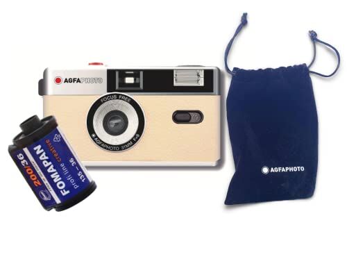 AgfaPhoto Analogue 35 mm Compact Film Camera beige set: pellicola per immagini in bianco e nero + batteria